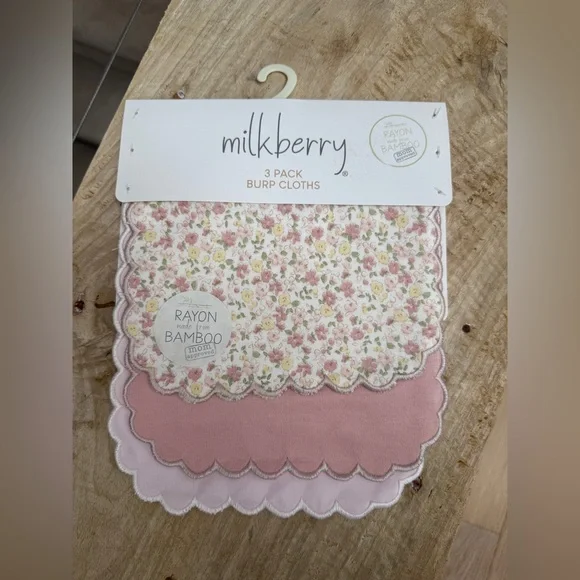 Milkberry 3-Pack Bamboo Rayon Burp Cloths Floral White & Pink Scalloped Set NWT - Picture 1 of 5